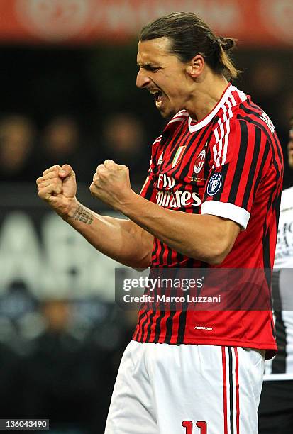 Zlatan Ibrahimovic of AC Milan celebrates his goal during the Serie A match between AC Milan and AC Siena at Stadio Giuseppe Meazza on December 17,...