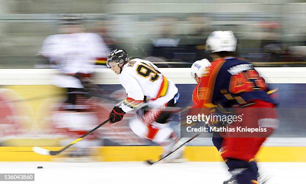 Johan Harju of Lulea skates with the puck during the Red Bulls Salute match between Jokerit Helsinki and Lulea Hockey at Albert-Schulz-Eishalle on...