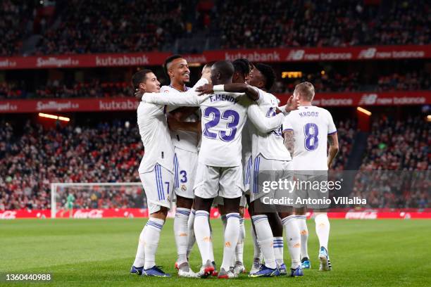 Real Madrid squad celebrating a goal during the LaLiga Santander match between Athletic Club and Real Madrid CF at San Mames Stadium on December 22,...