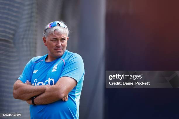 England head coach Chris Silverwood looks on during an England Ashes squad nets session at Melbourne Cricket Ground on December 23, 2021 in...