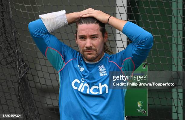 Rory Burns looks on during an England Ashes squad nets session at Melbourne Cricket Ground on December 23, 2021 in Melbourne, Australia.