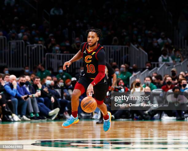 Justin Anderson of the Cleveland Cavaliers brings the ball up court during the first quarter of the game against the Boston Celtics at TD Garden on...