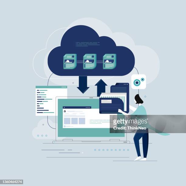 ilustraciones, imágenes clip art, dibujos animados e iconos de stock de carga de big data en el servidor en la nube, asegurando el concepto de datos - almacenamiento en nube