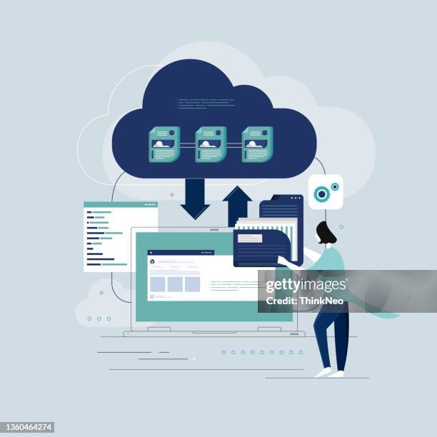 uploading big data on cloud server, securing data concept - cloud computing isometric stock illustrations