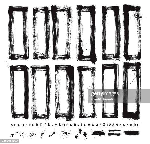 painted border vector collection with grunge design elements and font set. - spray paint font stock illustrations