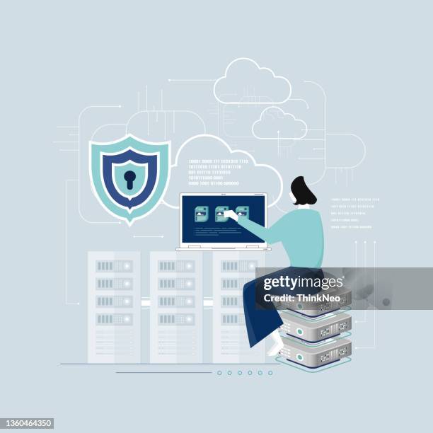 web hosting concept with people characters. online database, server, web data center, cloud computing - system admin stock illustrations