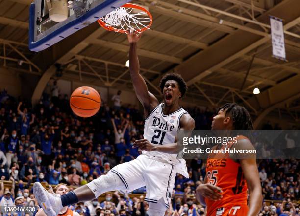 Griffin of the Duke Blue Devils reacts as he dunks against the Virginia Tech Hokies during the second half of their game at Cameron Indoor Stadium on...