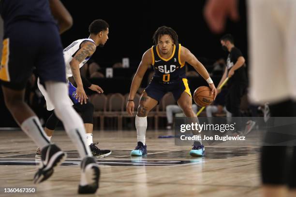 Carsen Edwards of the Salt Lake City Stars looks for the open pass against the Lakeland Magic during the NBA G League Winter Showcase at the Mandalay...