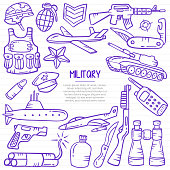 military doodle hand drawn with outline style on paper books line