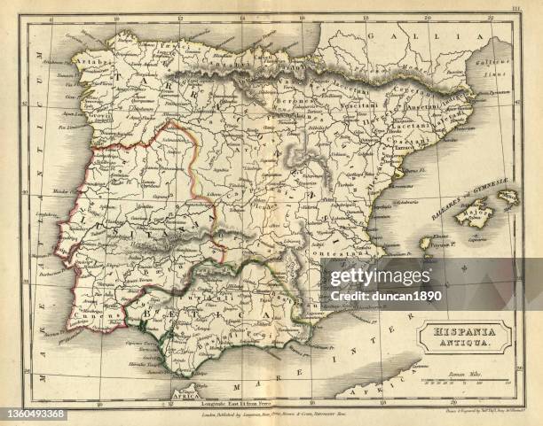ilustrações de stock, clip art, desenhos animados e ícones de antique map of hispania antiqua, ancient spain - mapa portugal