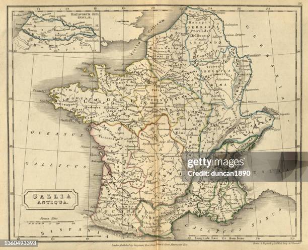antique map of gallia antiqua, ancient gaul , france - gallia stock illustrations