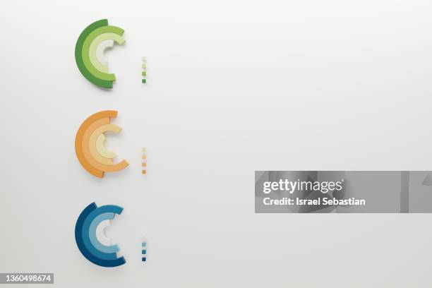 horizontal view of a three ring-shaped financial charts on a white background. - infographic 3 stock-fotos und bilder