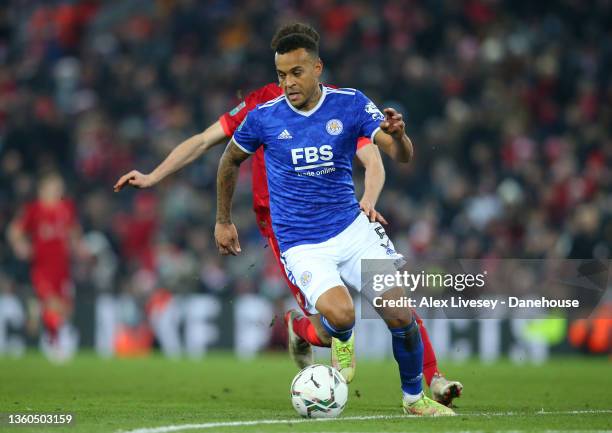 Ryan Bertrand of Leicester City during the Carabao Cup Quarter Final match between Liverpool and Leicester City at Anfield on December 22, 2021 in...