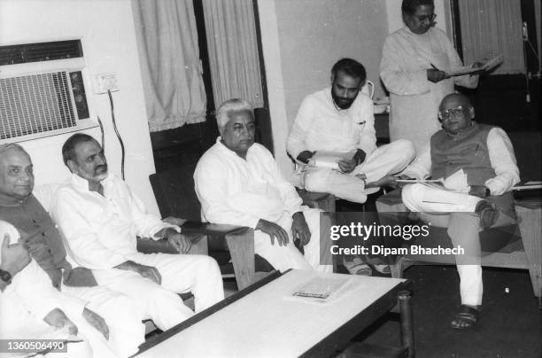 Chimanbhai Patel, Chief Minister of Gujarat, meeting Mr Keshubhai Patel, Deputy Chief Minister of Gujarat, at Gandhinagar on 7th February 1990; in...