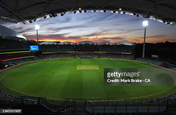 General view \as sunsets during the Men's Big Bash League match between the Adelaide Strikers and the Brisbane Heat at Adelaide Oval, on December 23...