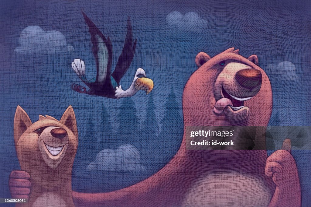 Cheerful bear gesturing thumbs up with wolf and eagle