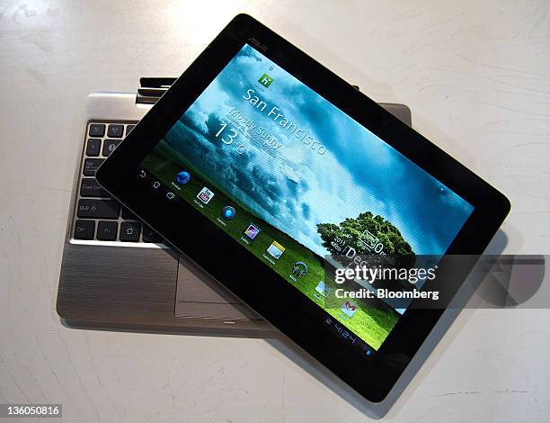 An Asustek Computer Inc. Eee Pad Transformer Prime tablet computer is arranged for a photograph in San Francisco, California, U.S., on Tuesday, Dec....