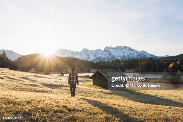 man wandering around geroldsee in autumn, bavaria, germany - karwendel mountains stockfoto's en -beelden