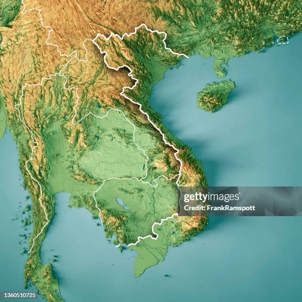 vietnam 3d render topographic map color border - vietnam map stock pictures, royalty-free photos & images