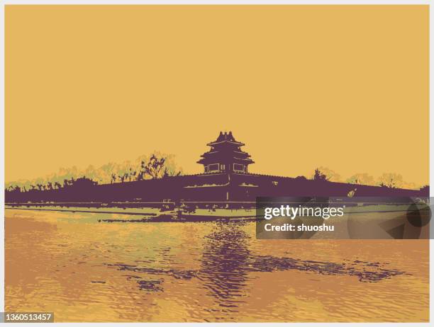 color woodcut style landscape scene,forbidden city corner tower - palace stock illustrations