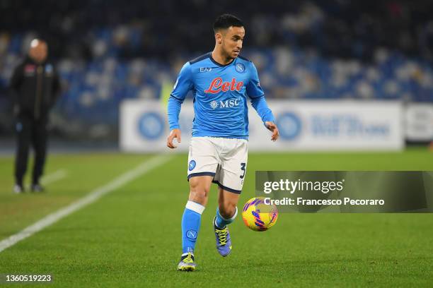 Adam Ounas of SSC Napoli during the Serie A match between SSC Napoli and Spezia Calcio at Stadio Diego Armando Maradona on December 22, 2021 in...