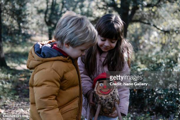children looking for a trunk in the forest as a christmas tradition - sibling christmas stock pictures, royalty-free photos & images
