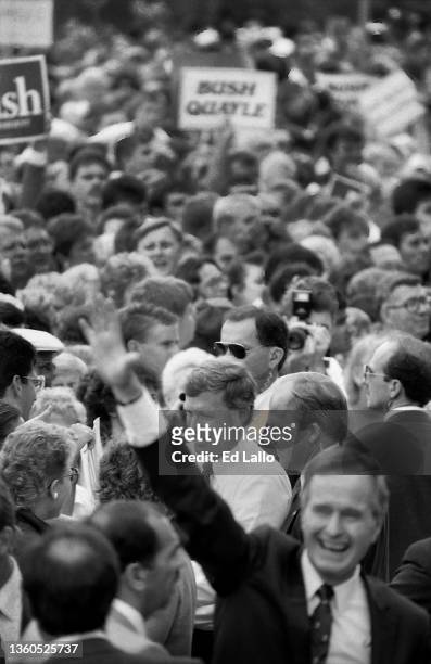 American politicians George HW Bush and Dan Quayle greet supporters at a campaign rally, Huntington, Indiana, August 18, 1988. The event was the...