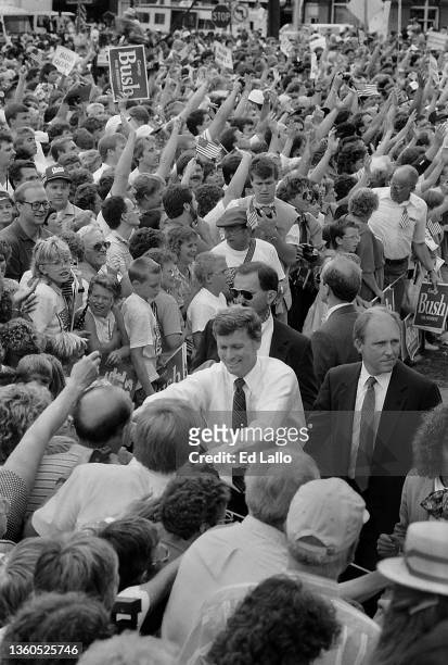 American politician Dan Quayle greets supporters at a campaign rally, Huntington, Indiana, August 18, 1988. The event was the first stop after the...