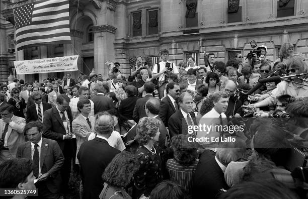 American politician Dan Quayle speaks to the press at a campaign rally, Huntington, Indiana, August 18, 1988. The event was the first stop after the...