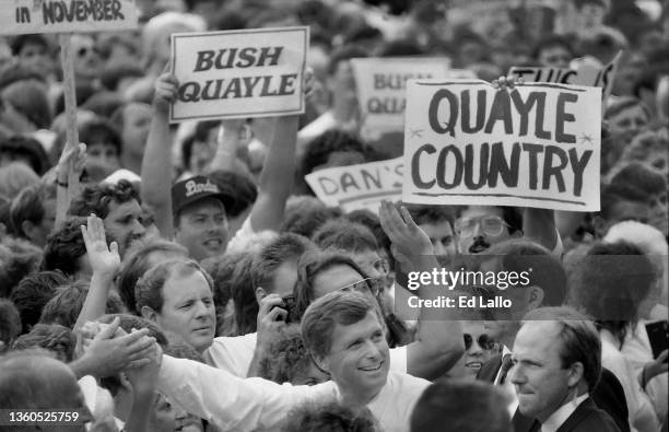 American politician Dan Quayle greets supporters at a campaign rally, Huntington, Indiana, August 18, 1988. The event was the first stop after the...