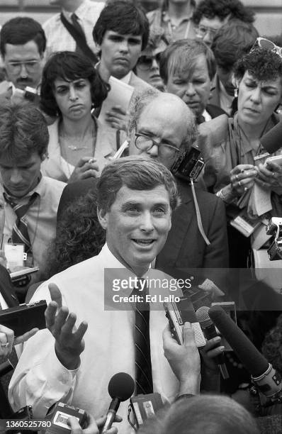 American politician Dan Quayle speaks to the press at a campaign rally, Huntington, Indiana, August 18, 1988. The event was the first stop after the...