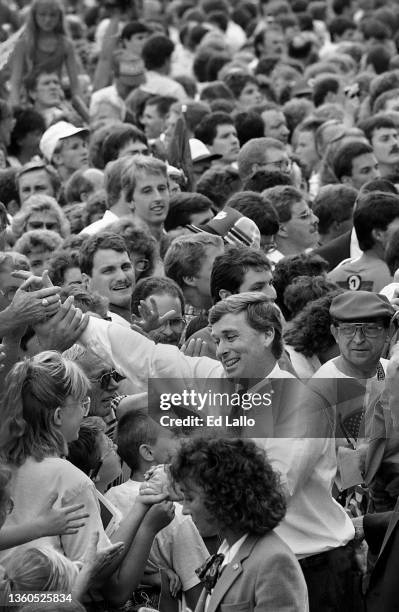 American politician Dan Quayle greets supporters at a campaign rally, Huntington, Indiana, August 18, 1988. The event was the first stop after the...