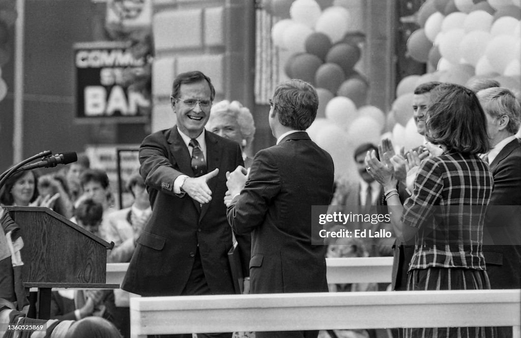 Bush & Quayle Shake Hands At A Campaign Rally