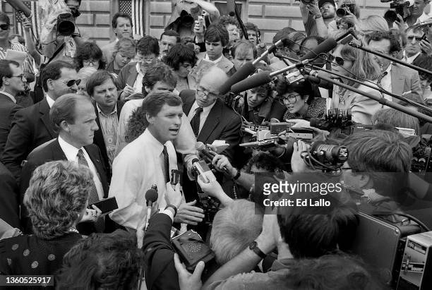 American politician Dan Quayle speaks to the press at a campaign rally, Huntington, Indiana, August 18, 1988. The event was the first stop after the...