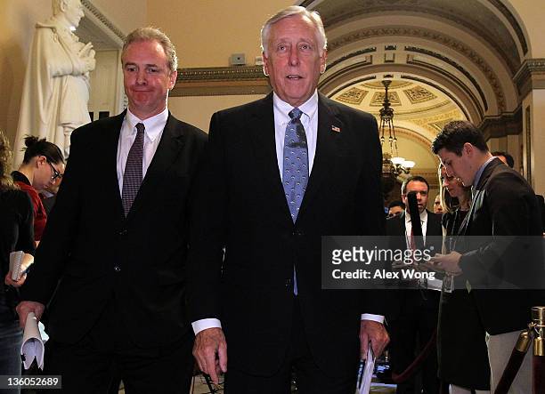 House Minority Whip Rep. Steny Hoyer and Rep. Chris Van Hollen leave after they spoke to the media December 21, 2011 on Capitol Hill in Washington,...