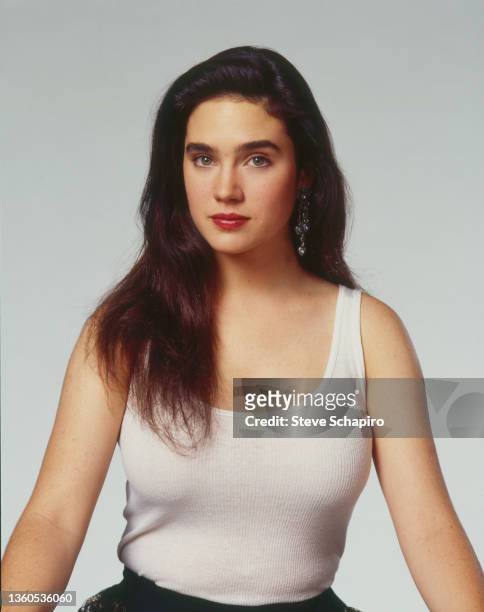 Portrait of American actress Jennifer Connelly in costume for the film 'Career Opportunities' , Los Angeles, California, 1990.