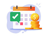 Payment date of recurring tax money scheduled on calendar icon, success bill pay day, salary and wage cash agenda, credit or loan payday, financial subscription accountant plan