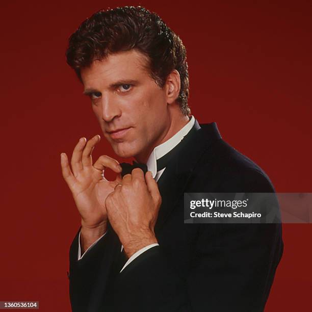 Portrait of American actor Ted Danson in a suit and bowtie, Los Angeles, California, 1995.