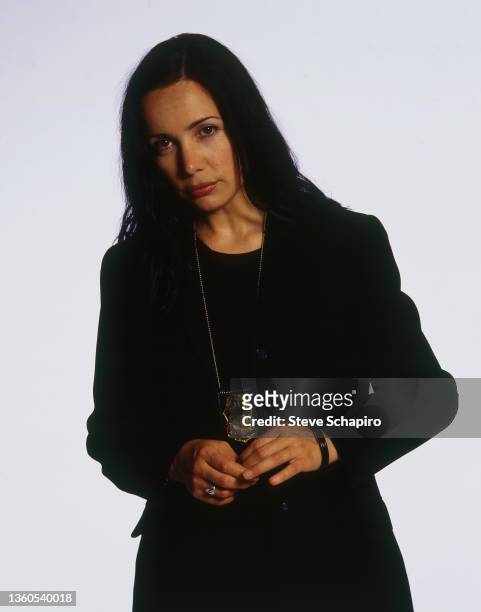 Promotional portrait of American actress and comedian Janeane Garofalo in costume for the film 'Clay Pigeons' , Los Angeles, California, 1997.