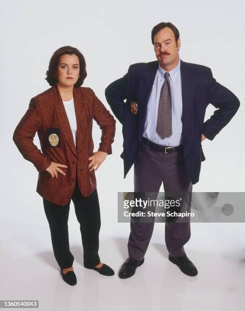Promotional portrait of American actress Rosie O'Donnell and Canadian actor Dan Aykroyd in costume for the film 'Exit to Eden' , Los Angeles,...