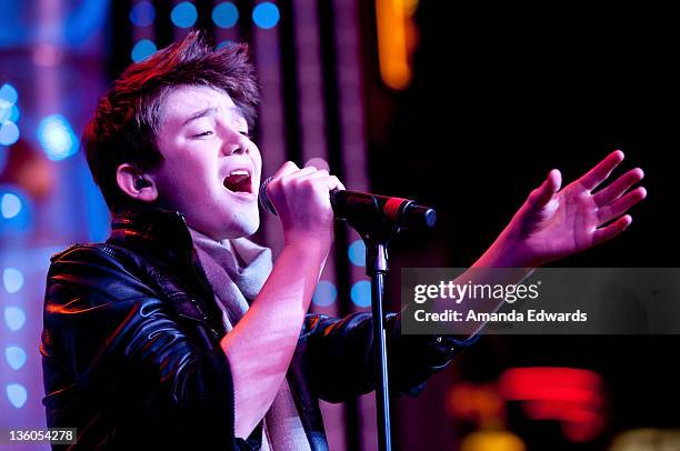 Musician Greyson Chance performs onstage at The Salvation Army's Red Kettles 2nd Annual "Rock The Red Kettle" Holiday Concert at 5 Towers Outdoor...