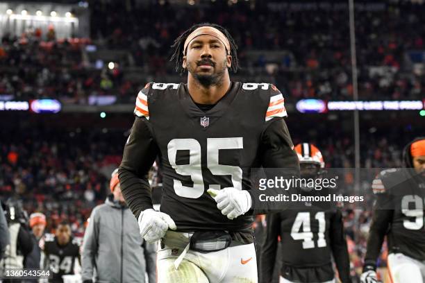 Myles Garrett of the Cleveland Browns runs off the field at halftime against the Las Vegas Raiders at FirstEnergy Stadium in Cleveland, Ohio.