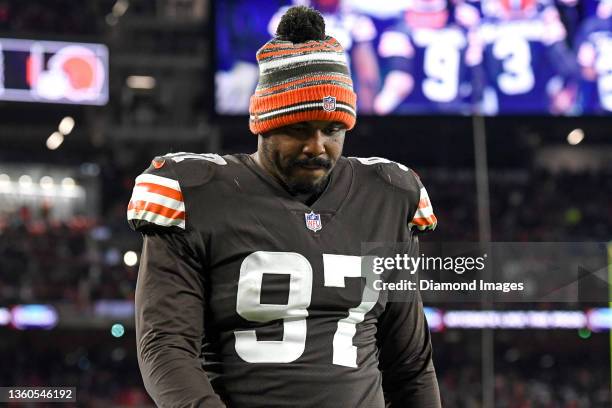 Malik Jackson of the Cleveland Browns walks off the field at halftime against the Las Vegas Raiders at FirstEnergy Stadium in Cleveland, Ohio.