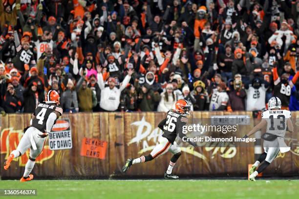 Greedy Williams of the Cleveland Browns returns an interception during the second half against the Las Vegas Raiders at FirstEnergy Stadium in...