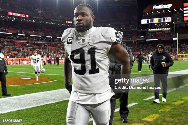 Yannick Ngakoue of the Las Vegas Raiders walks off the field after the Raiders defeated the Cleveland Browns 16-14 at FirstEnergy Stadium in...