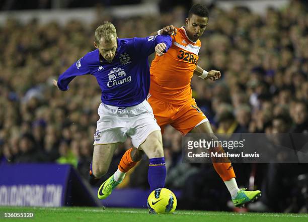 Tony Hibbert of Everton and Scott Sinclair of Swansea challenge for the ball during the Barclays Premier League match between Everton and Swansea...