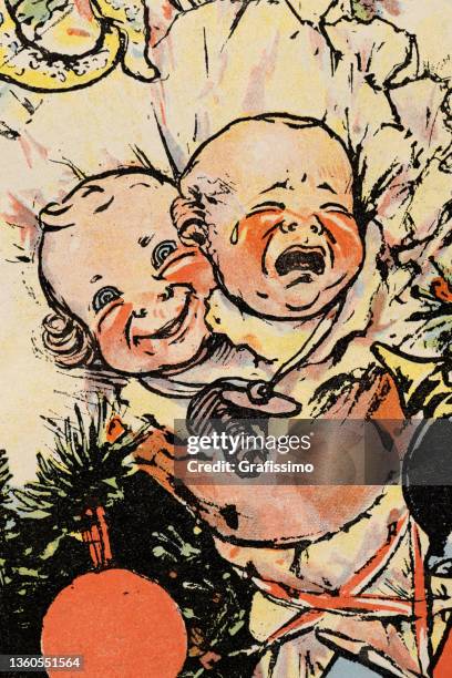 one crying and one laughing baby art nouveau 1896 - old brother stock illustrations