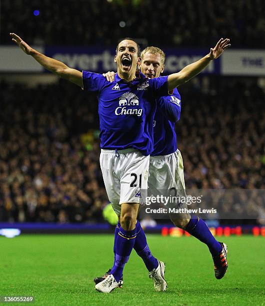 Leon Osman of Everton celebrates his goal with Tony Hibbert during the Barclays Premier League match between Everton and Swansea City at Goodison...