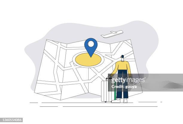 stockillustraties, clipart, cartoons en iconen met business men are traveling, on business trips, looking at the map. - map street