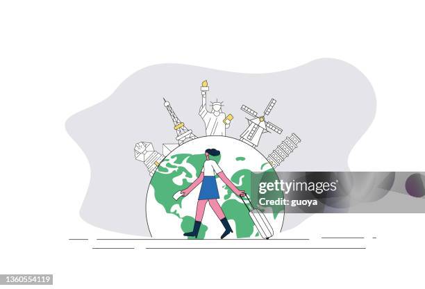 woman travels all over the world. - kinderdijk stock illustrations